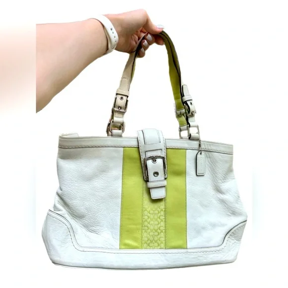 Coach Hampton White Leather Stripe Buckle Double Handle Satchel Shoulder Bag - Picture 1 of 9